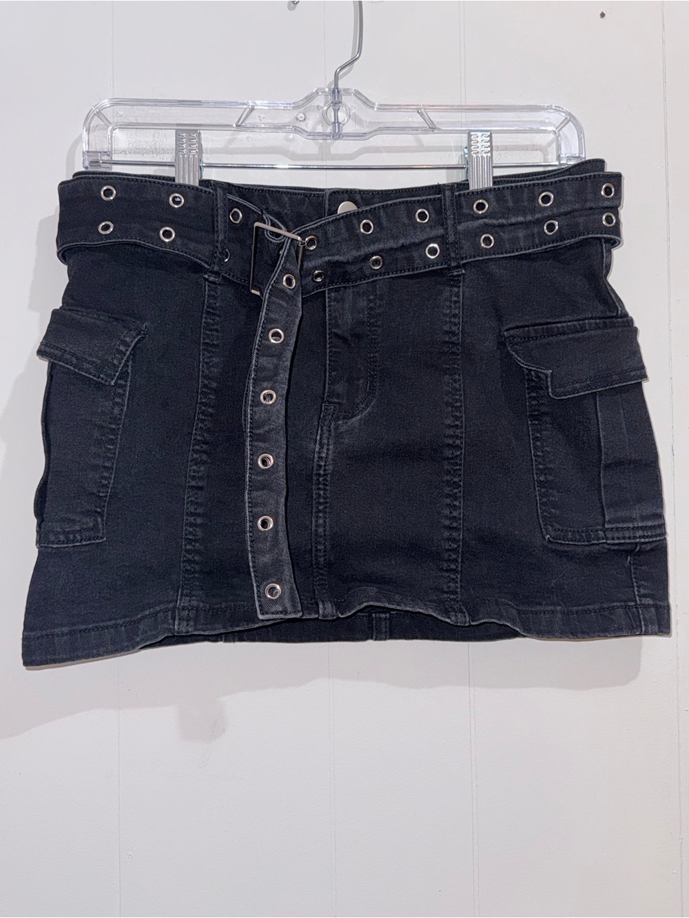 Windsor Black Denim Cargo Mini Skirt with Grommet Belt Size M